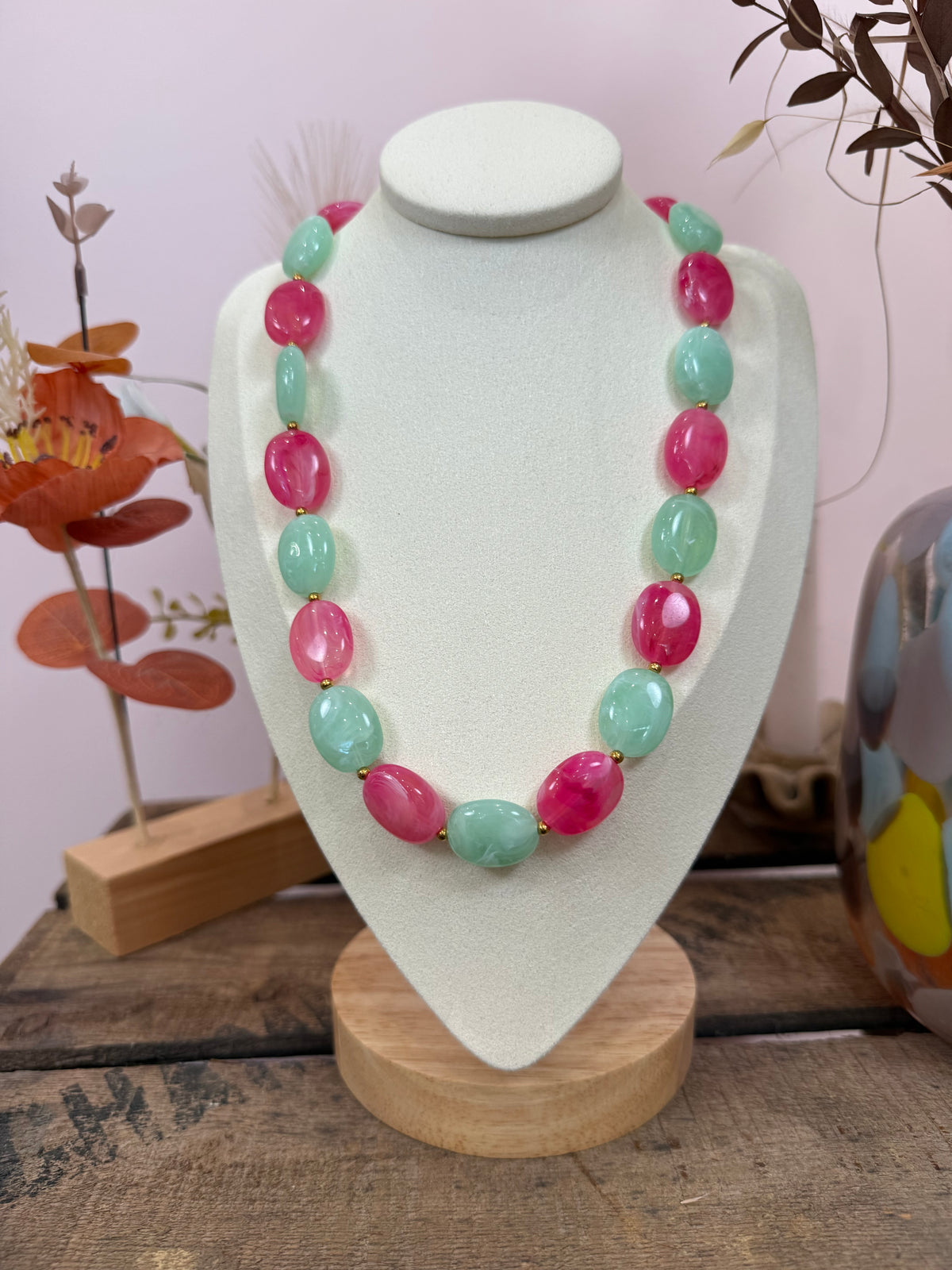 Collier vert et rose