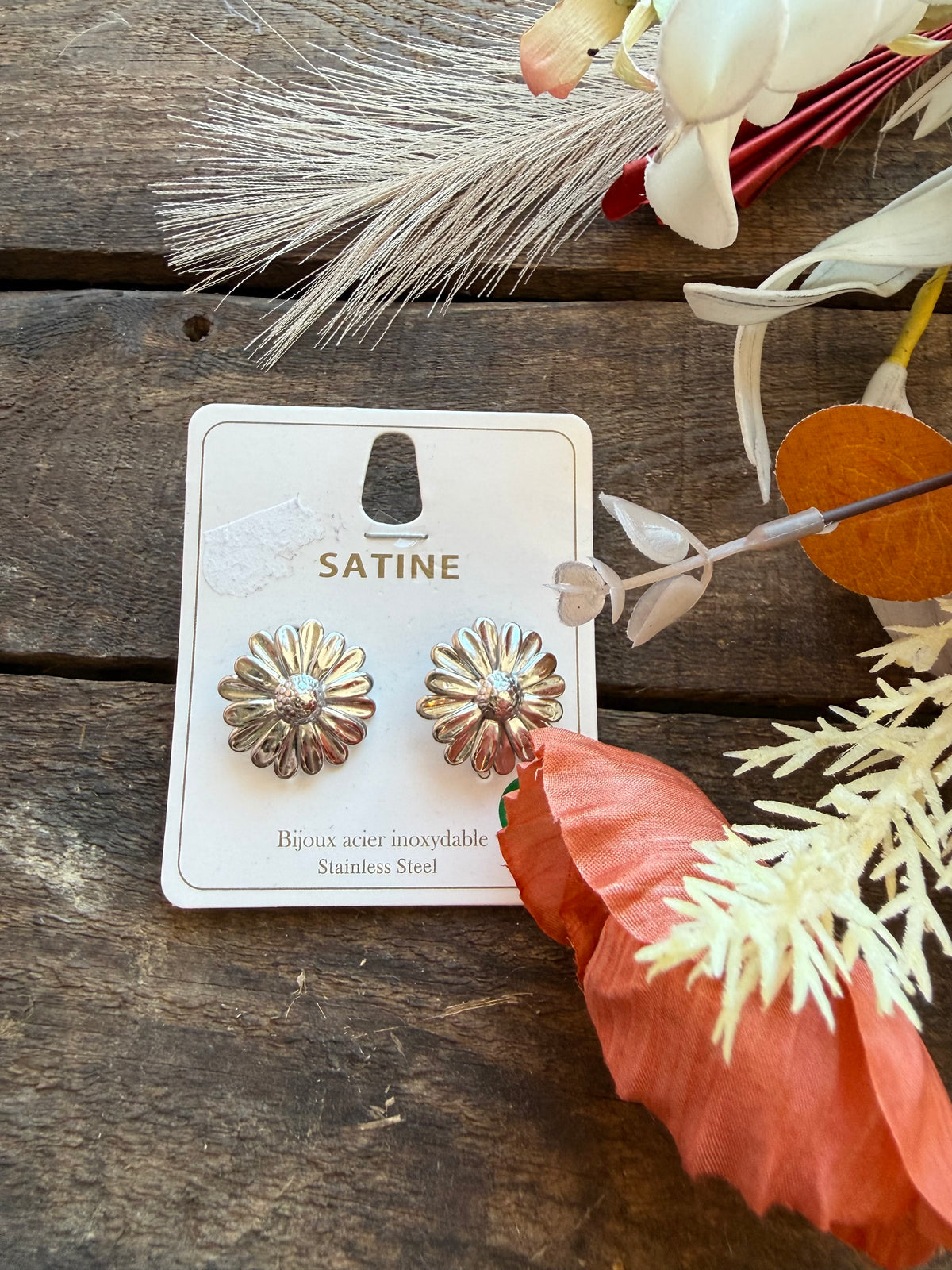 Boucles d’oreilles fleurs argentées SATINE en acier inoxydable