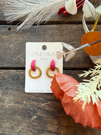 Boucles d’oreilles Milë Mila dorées et rose fuchsia en acier inoxydable