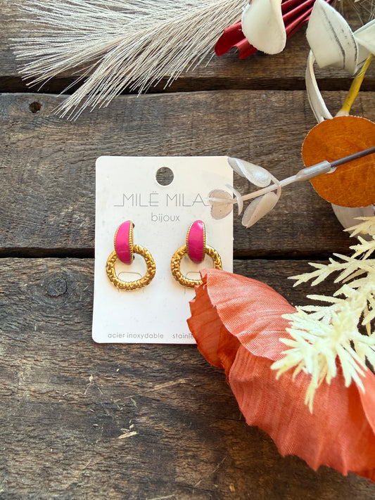 Boucles d’oreilles Milë Mila dorées et rose fuchsia en acier inoxydable