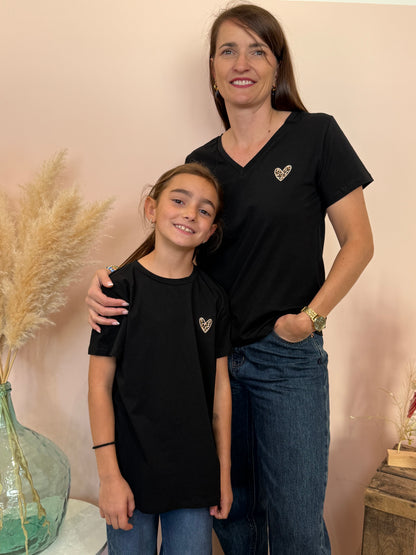 t-shirt noir coeur leopard